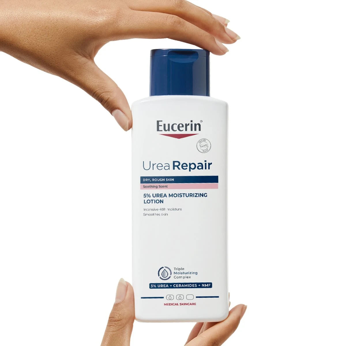 Eucerin UreaRepair 5% Urea Moisturizing Lotion Soothing Scent 250ml in hand